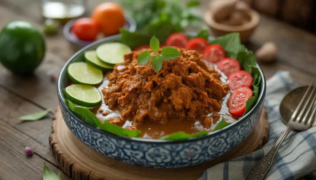 Draufsicht auf ein herzhaftes Low Carb Rendang, garniert mit frischen Kräutern, Fokus auf die reichhaltige Sauce, 16:9 Format.