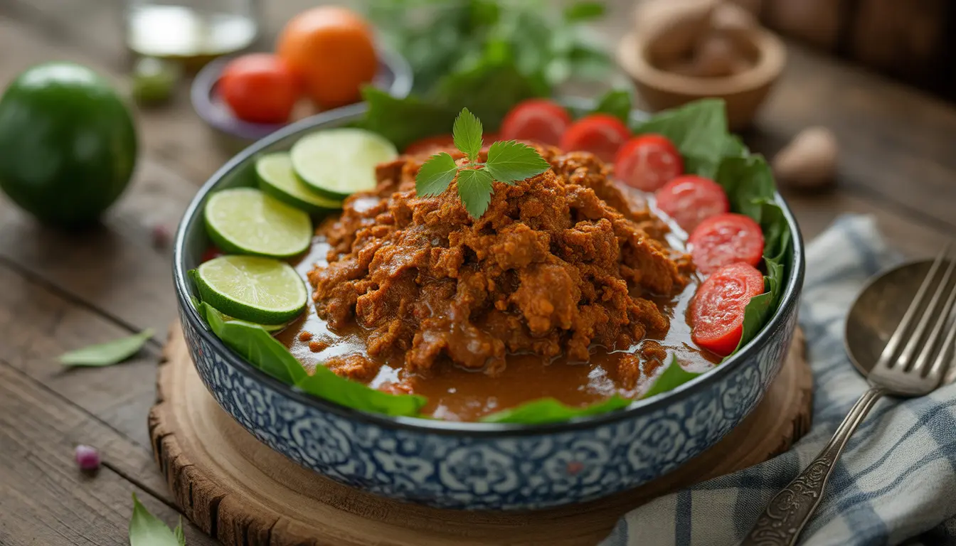 Draufsicht auf ein herzhaftes Low Carb Rendang, garniert mit frischen Kräutern, Fokus auf die reichhaltige Sauce, 16:9 Format.