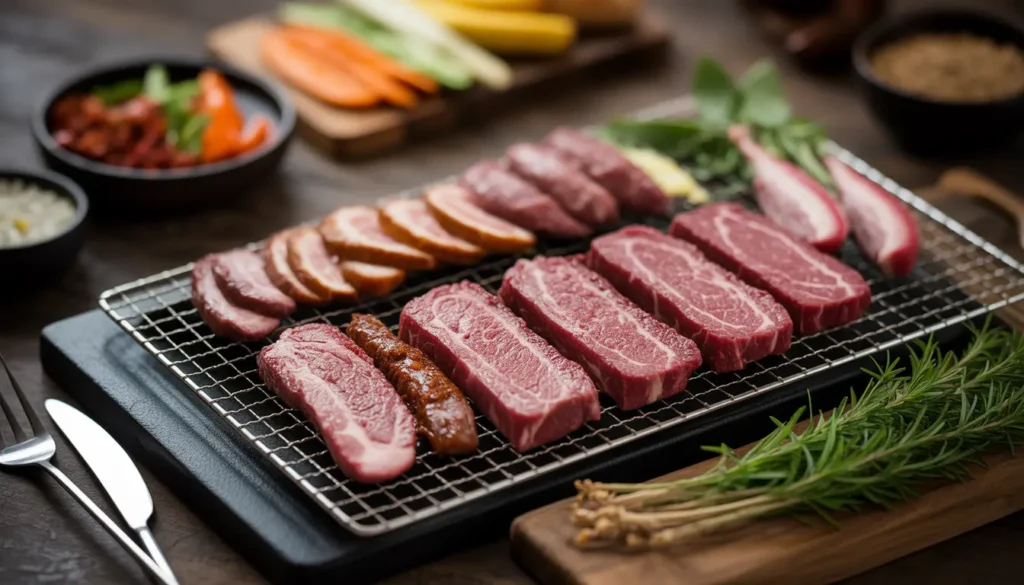 Ein runder Tisch mit einem eingebauten Grill in der Mitte, umgeben von verschiedenen kleinen Schälchen (Banchan) und Menschen, die gemeinsam das Essen genießen.