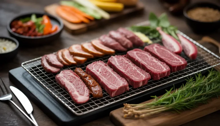 Ein runder Tisch mit einem eingebauten Grill in der Mitte, umgeben von verschiedenen kleinen Schälchen (Banchan) und Menschen, die gemeinsam das Essen genießen.