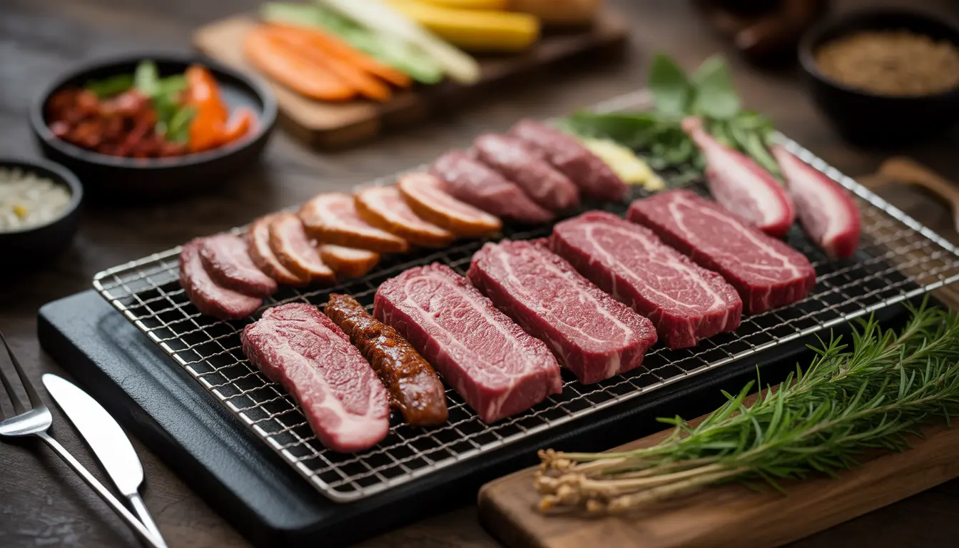 Ein runder Tisch mit einem eingebauten Grill in der Mitte, umgeben von verschiedenen kleinen Schälchen (Banchan) und Menschen, die gemeinsam das Essen genießen.