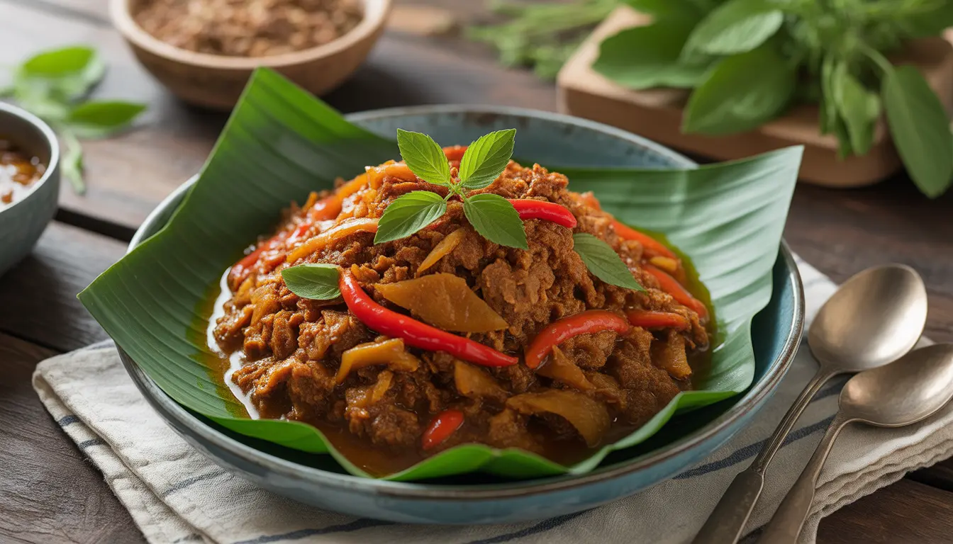 Ein festlich gedeckter Tisch mit indonesischem Rendang, gelbem Safranreis, Gurkensalat und Krupuk, 16:9 Format.