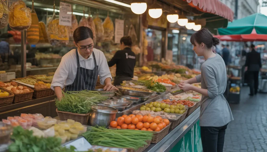 Blick in einen gut sortierten asiatischen Supermarkt in Berlin mit frischem Gemüse und Gewürzen, ideal für Foodies.