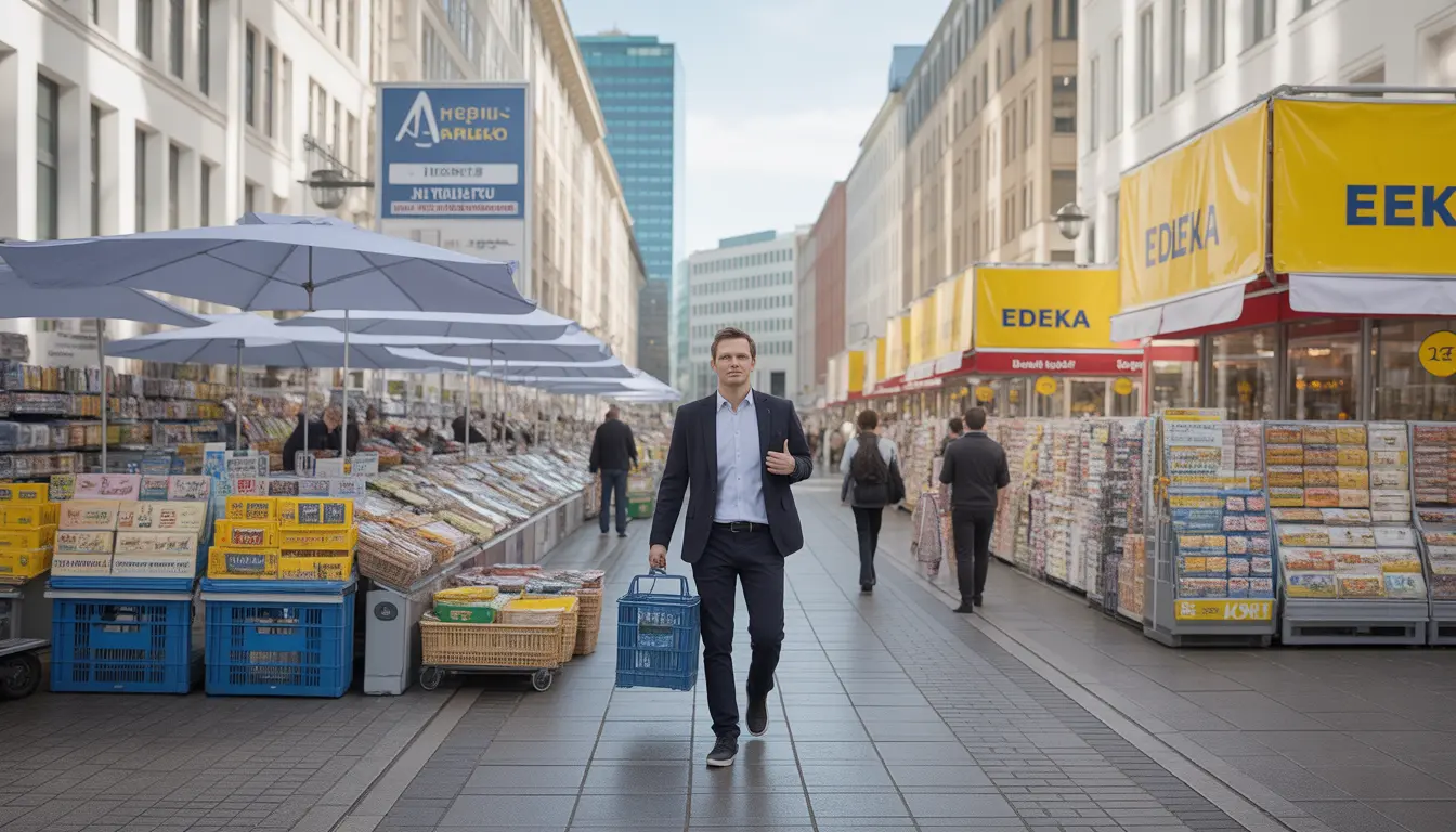 Zwei Einkaufskörbe nebeneinander: Einer von Edeka mit typischen Markenprodukten und einer aus einem Asia-Markt mit authentischen Großpackungen, Preisschilder im Fokus, 16:9 Format.
