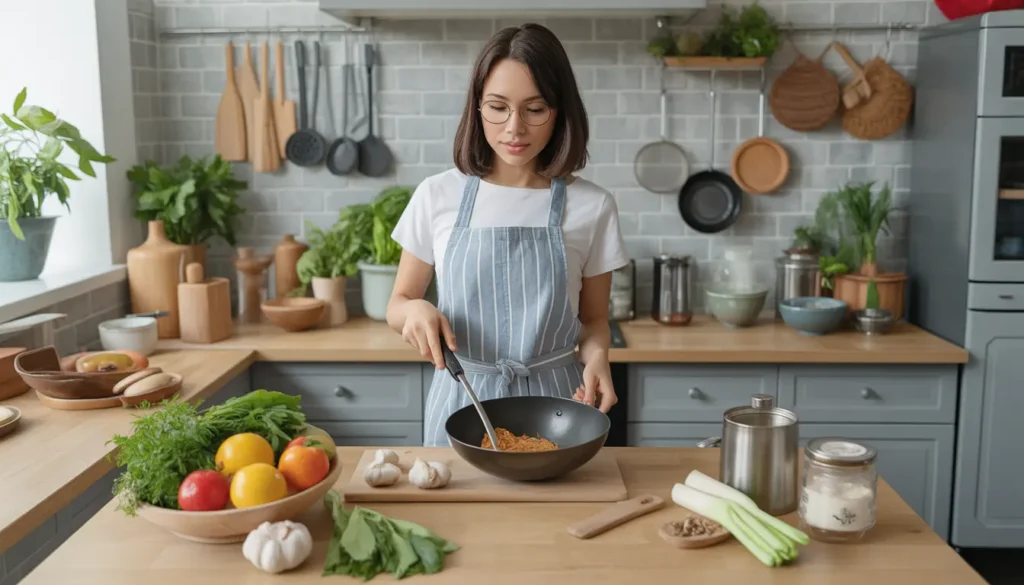 Ein Einkaufswagen in einem Berliner Asia-Markt gefüllt mit Sojasauce, Reisessig, Sesamöl und verschiedenen Gewürzen, Fokus auf die Etiketten, 16:9 Format.