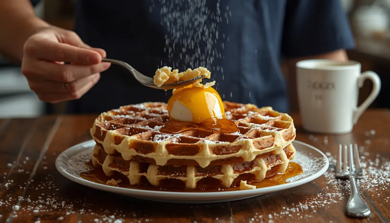 Nahaufnahme einer Lütticher Waffel mit geschmolzenem Hagelzucker, goldbraune Karamellkruste, Detailansicht der knusprigen Waben, 16:9 Format.