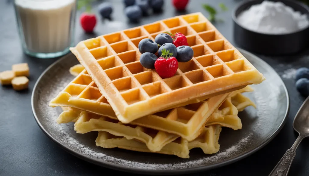 Eine goldbraune, luftige belgische Brüsseler Waffel mit Puderzucker, Fokus auf die knusprige Hefe-Struktur und tiefe Waben, warmer Hintergrund, 16:9 Format.