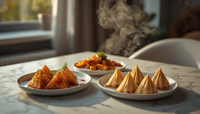 Eine ästhetische Anordnung verschiedener Teigtaschen wie Manti, Mandu und Gyoza auf einem modernen Tisch in Berlin, Fusion-Küche Stil, 1200 x 675 px.