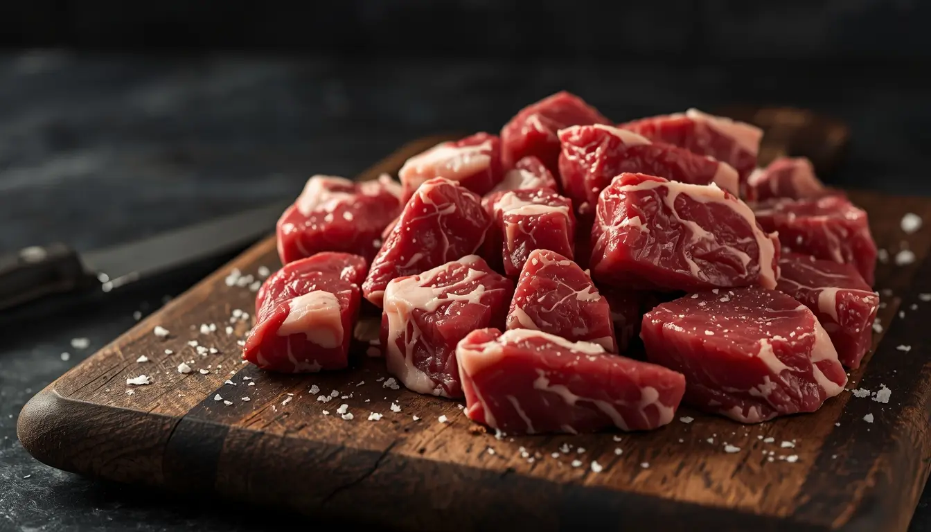 Frisches Rindfleisch für Gulasch auf einem Holzbrett, Fokus auf Marmorierung und Sehnen (Bindegewebe), scharfes Metzgermesser, Profi-Tipps für zartes Schmorfleisch, 1200 x 675 px.