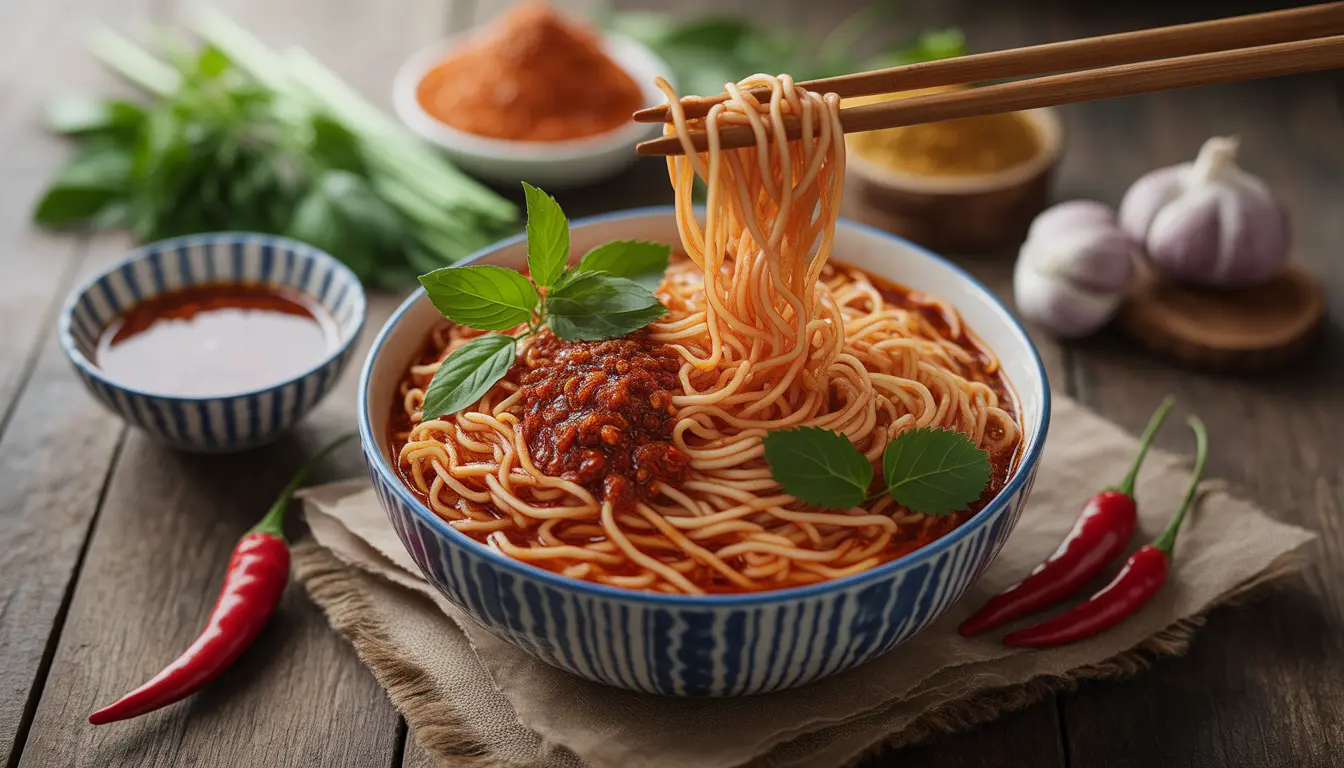 Hausgemachtes glänzendes Chili-Öl mit Knoblauch und Gewürzen über breiten Biang Biang Nudeln, 16:9 Format.