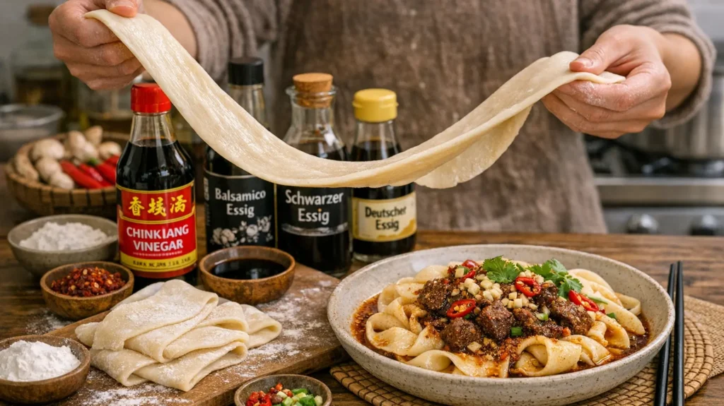 Nahaufnahme von Händen, die dicke Biang Biang Nudeln in der Luft ziehen, Mehlstaub in der Luft, authentische Küchenatmosphäre, 16:9 Format.