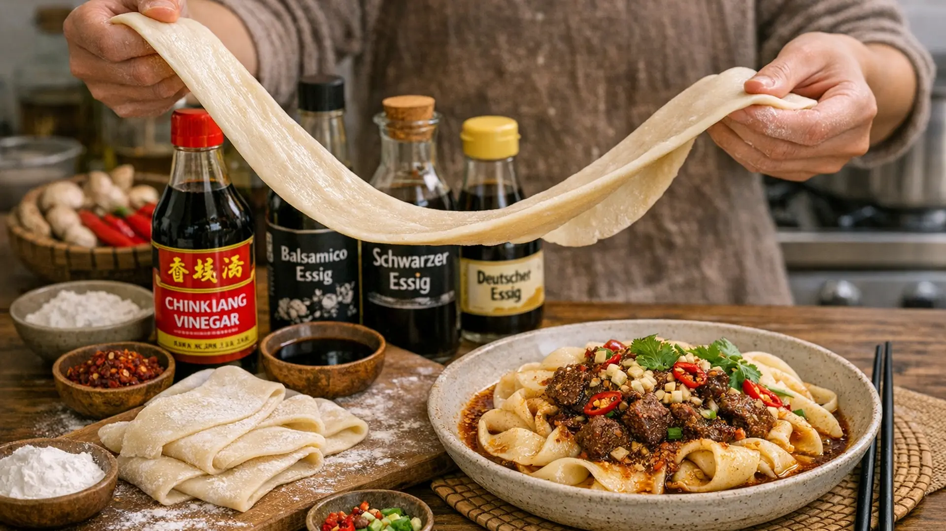 Nahaufnahme von Händen, die dicke Biang Biang Nudeln in der Luft ziehen, Mehlstaub in der Luft, authentische Küchenatmosphäre, 16:9 Format.