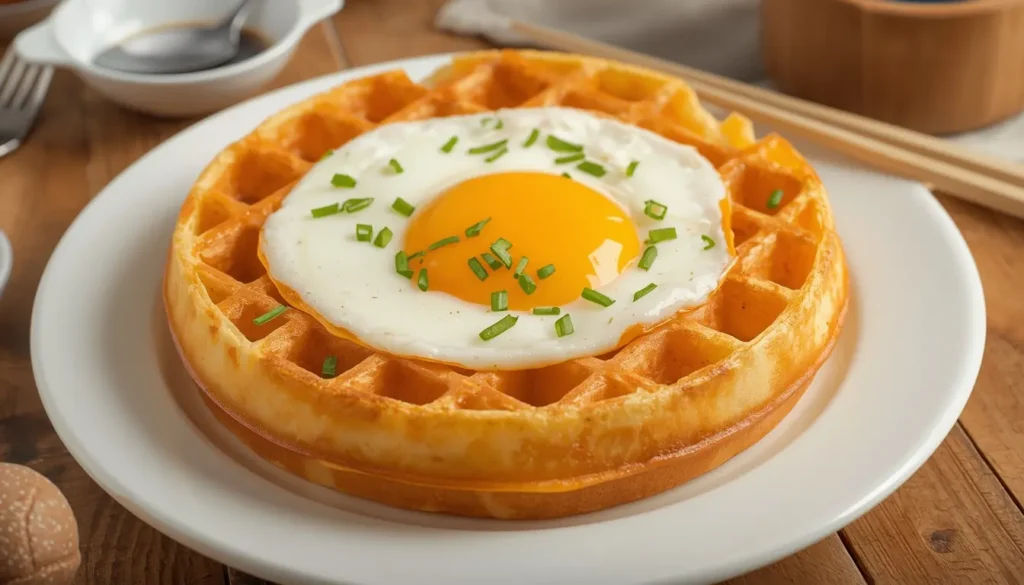 Eine goldbraune Hongkong Bubble Waffle, in Tütenform gerollt und mit Eis und Früchten gefüllt, Fokus auf die runden "Bubbles", moderner Street Food Stil, 16:9 Format.