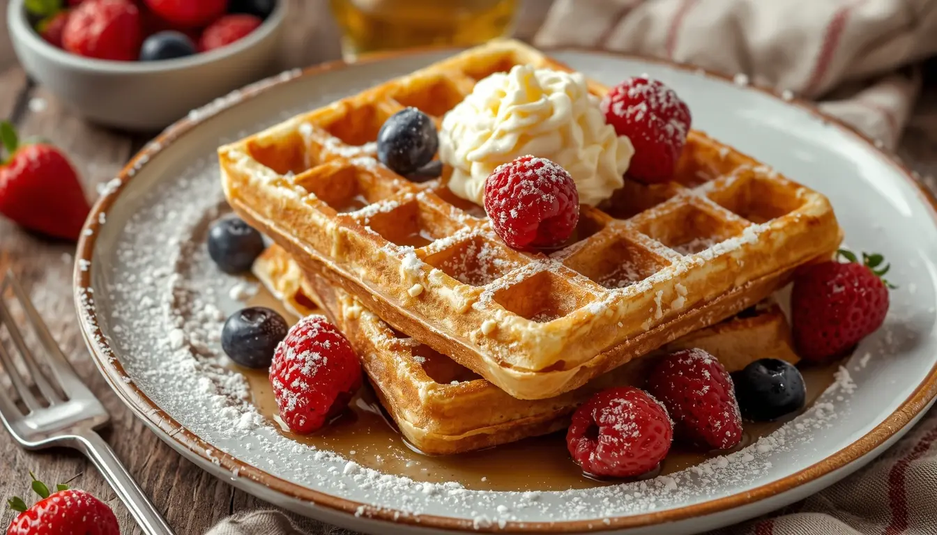 Stapel von extrem weichen Buttermilch-Waffeln, ein Glas Buttermilch daneben, Fokus auf die feinporige und zarte Textur, 16:9 Format.