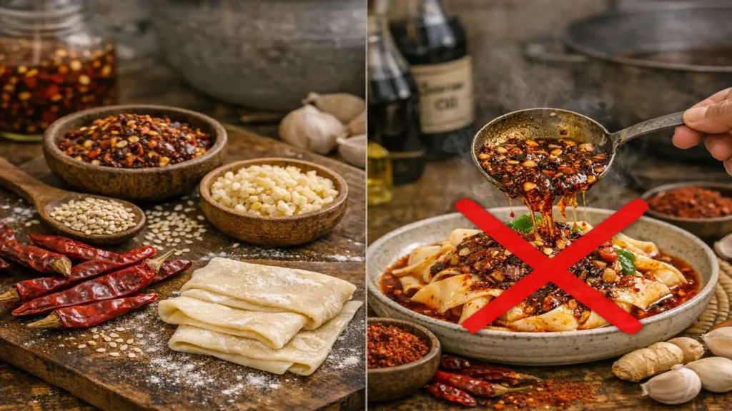 Zwei Schalen nebeneinander: Eine mit feinem rotem Chilipulver und eine mit groben, aromatischen chinesischen Chiliflocken, heißes Öl wird auf die Flocken gegossen, 16:9 Format.