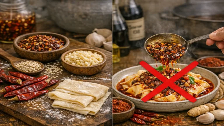 Zwei Schalen nebeneinander: Eine mit feinem rotem Chilipulver und eine mit groben, aromatischen chinesischen Chiliflocken, heißes Öl wird auf die Flocken gegossen, 16:9 Format.