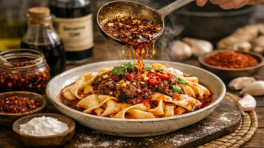 Eine dampfende Schüssel Biang Biang Nudeln, tiefrot glänzend von hausgemachtem Chili-Öl, mit frischen Chilischoten im Hintergrund, dramatischer Kontrast, 16:9 Format.