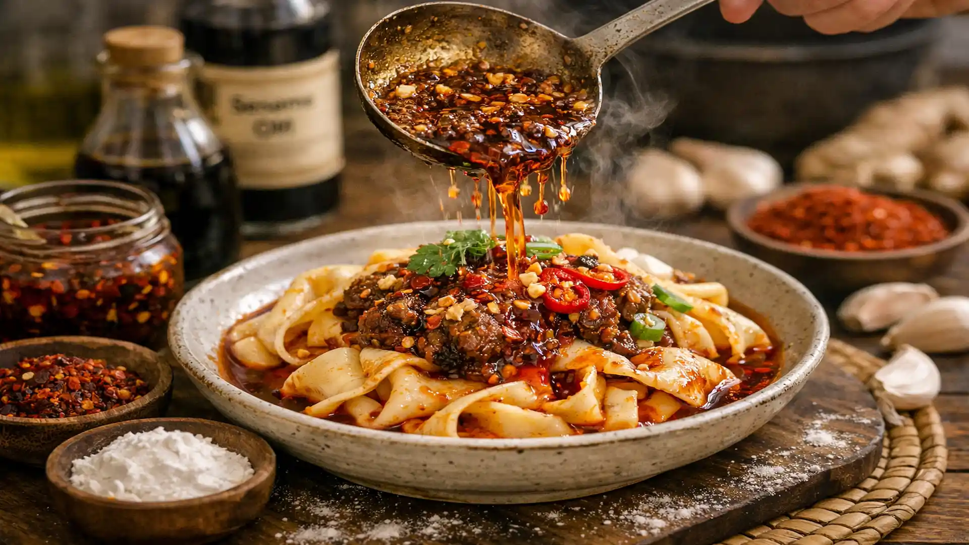 Eine dampfende Schüssel Biang Biang Nudeln, tiefrot glänzend von hausgemachtem Chili-Öl, mit frischen Chilischoten im Hintergrund, dramatischer Kontrast, 16:9 Format.