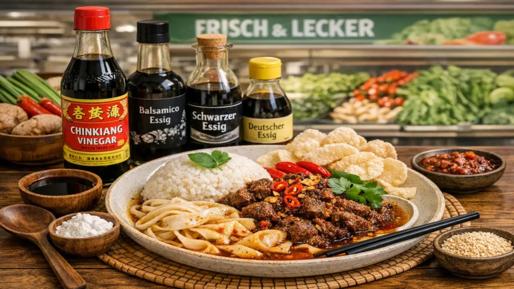 Eine Flasche chinesischer schwarzer Chinkiang Essig neben einer Schüssel Biang Biang Nudeln, Vergleich von Essig-Alternativen in Deutschland.