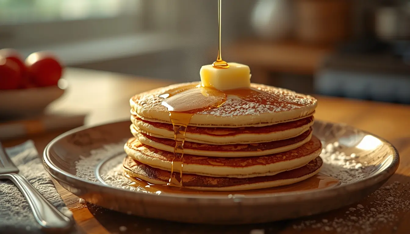 Ein Stapel goldbrauner, dünner Pfannkuchen auf einem weißen Teller, geschmolzene Butter und Ahornsirup, klassisches deutsches Frühstücksrezept wie bei Oma, 1200 x 675 px.
