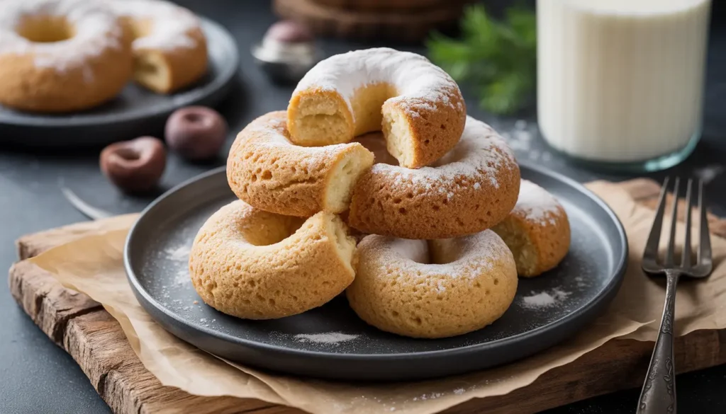 Haufenweise zarte Vanillekipferl mit Puderzucker bestäubt auf einem rustikalen Backblech, weihnachtliche Stimmung, Fokus auf die mürbe Textur, 16:9 Format, 1200 x 675 px.