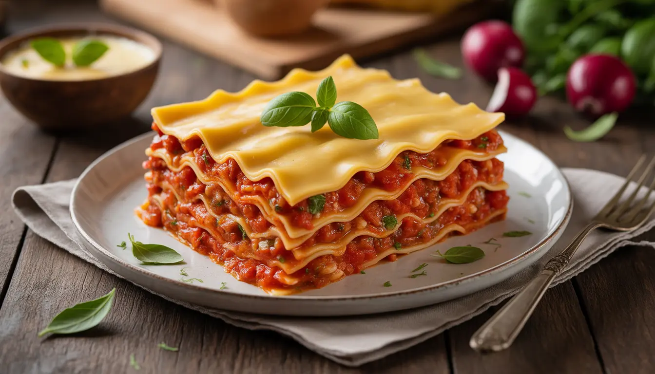 Schichtaufnahme einer perfekten Lasagne al Forno mit goldbrauner Käsekruste, dampfendes Ragù alla Bolognese und cremige Béchamelsoße, Fokus auf die Schichten, 16:9 Format.