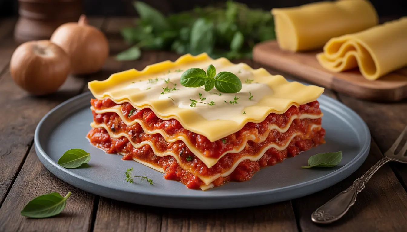 Cremige weiße Béchamelsoße in einem Edelstahltopf, ein Schneebesen rührt die glatte Masse ohne Klümpchen, frische Muskatnuss daneben, 16:9 Format, 1200 x 675 px.