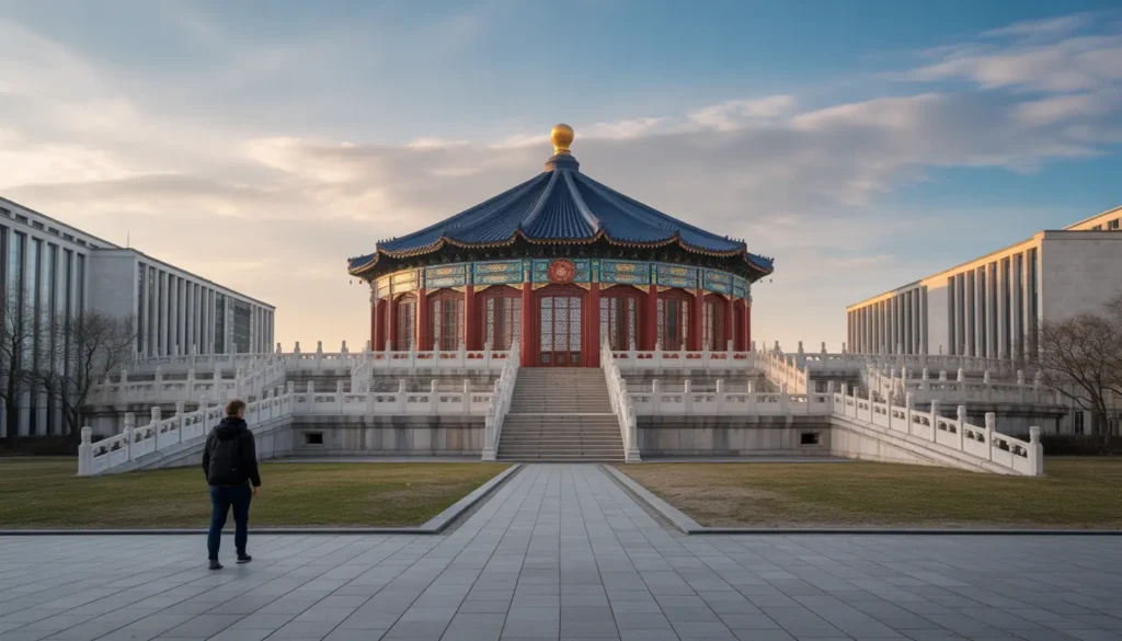 Eingangsbereich des Dong Xuan Centers in Berlin Lichtenberg, bunte asiatische Waren, geschäftiges Treiben, authentische Marktatmosphäre, 16:9 Format.