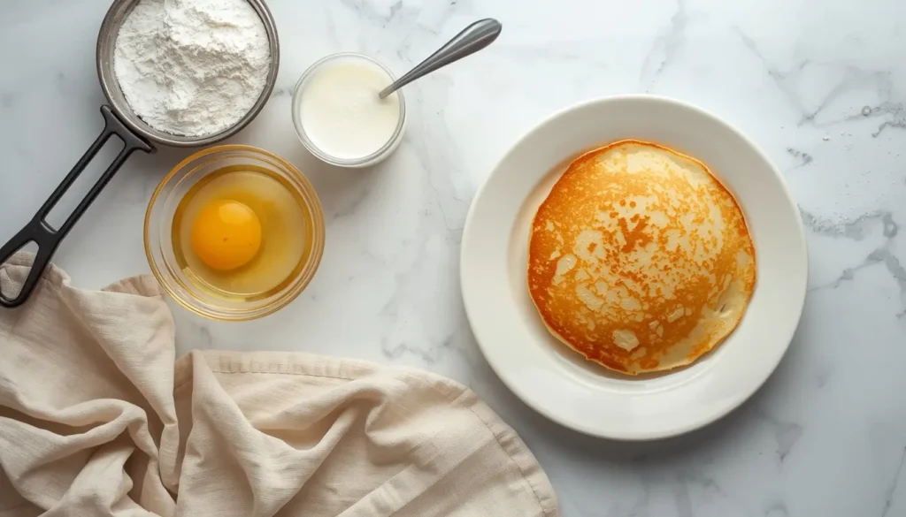 Einfaches Pfannkuchen Rezept mit nur 3 Zutaten auf einer hellen Arbeitsplatte, Mehl, Milch und Eier im Fokus, 5 Minuten Vorbereitung, 1200 x 675 px.