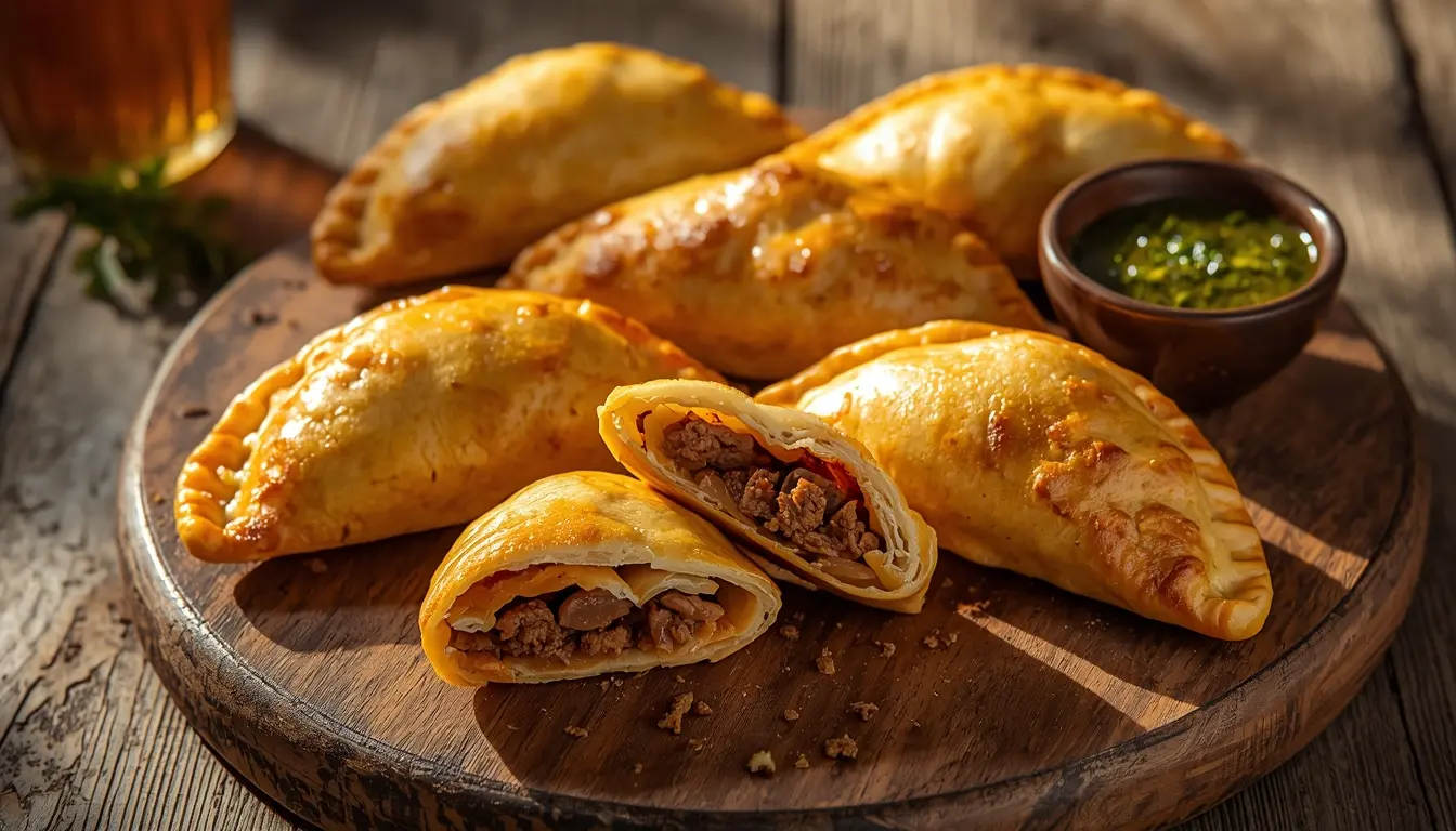 Goldbraun gebackene Empanadas auf einem rustikalen Holzbrett, serviert mit Chimichurri-Sauce, Fokus auf die knusprige Teigfalte, 1200 x 675 px.