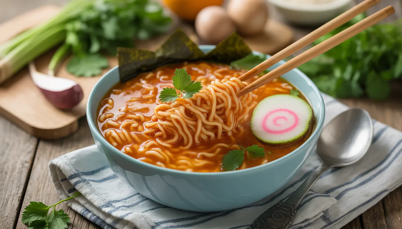 Eine kinderfreundliche Schüssel Ramen mit milder Hühnerbrühe, weichen Nudeln, Mais, Karottenstiften und einem halbierten Ei, serviert in einer bunten Schale. Fokus auf gesundes Gemüse und wenig Salz.