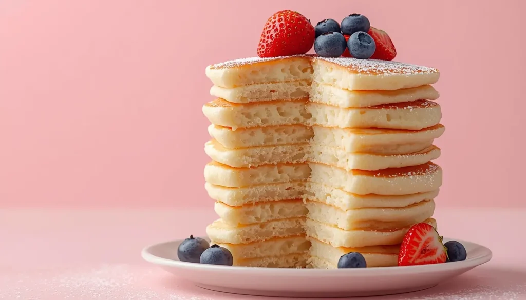 Stapel von extrem fluffigen und dicken Pfannkuchen, Anschnitt zeigt luftige Textur, Puderzucker und frische Beeren, 1200 x 675 px.