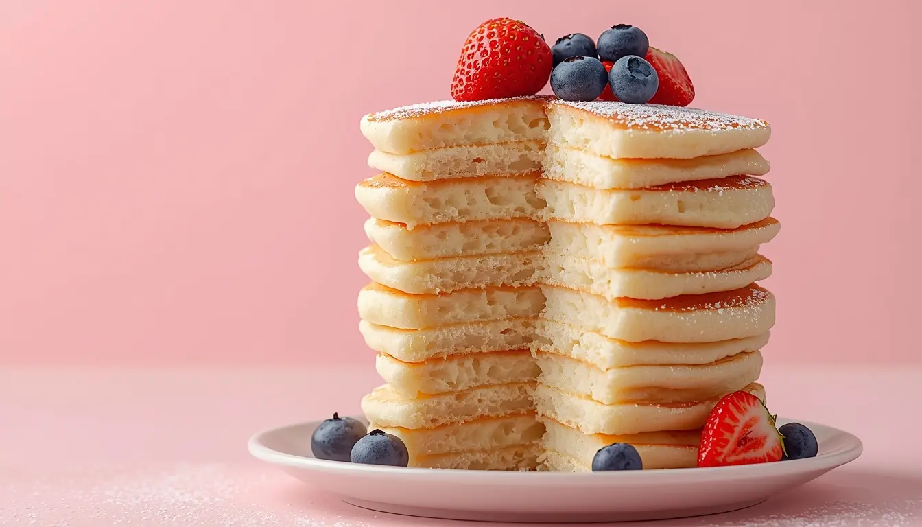 Stapel von extrem fluffigen und dicken Pfannkuchen, Anschnitt zeigt luftige Textur, Puderzucker und frische Beeren, 1200 x 675 px.