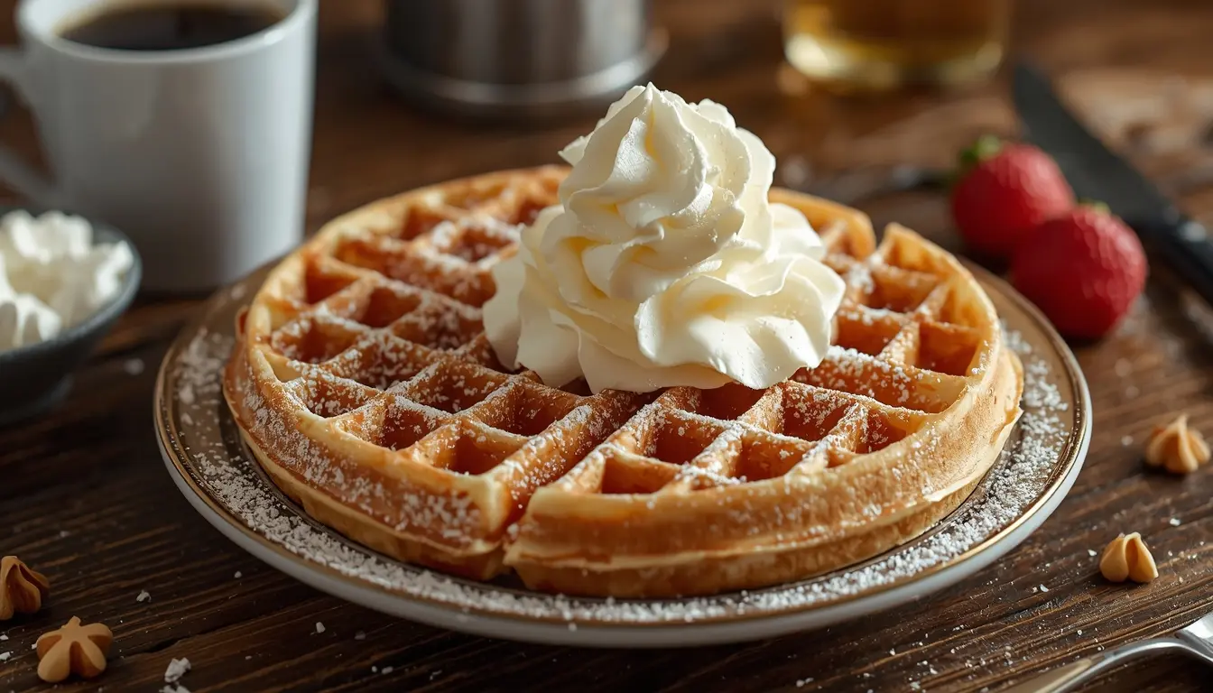 Nahaufnahme von steif geschlagenem Eiweiß, das vorsichtig in einen goldgelben Waffelteig gehoben wird, luftige Textur, helle Berliner Küche, 16:9 Format.