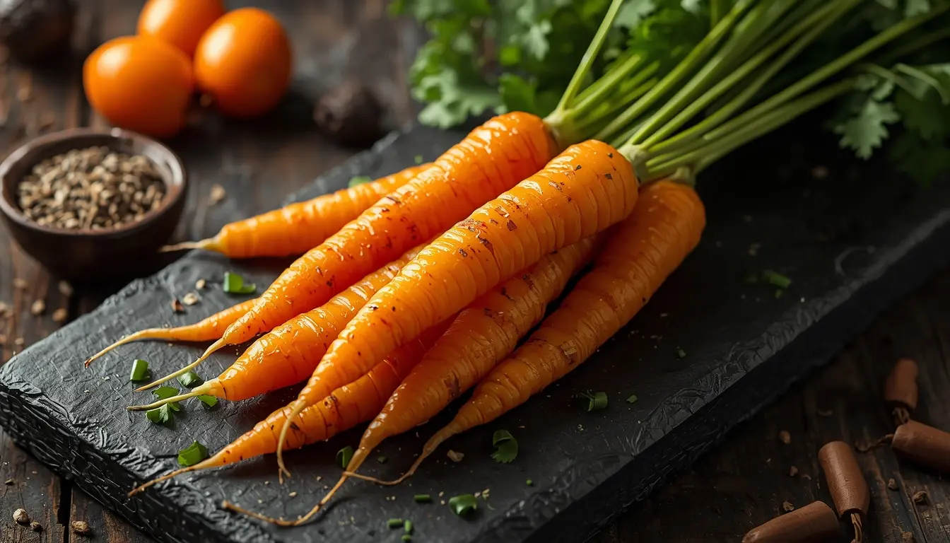 Ein Haufen geschälter gelber Karotten neben klassischen orangefarbenen Karotten auf einem rustikalen Holzbrett, bereit für den usbekischen Plov, 16:9 Format.
