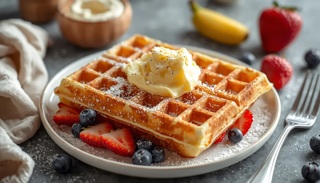 Herzförmige Haferflocken-Waffeln ohne Zucker, dekoriert mit Bananenscheiben und Beeren für Kinder, heller Holztisch, kinderfreundliche Atmosphäre, 16:9 Format.