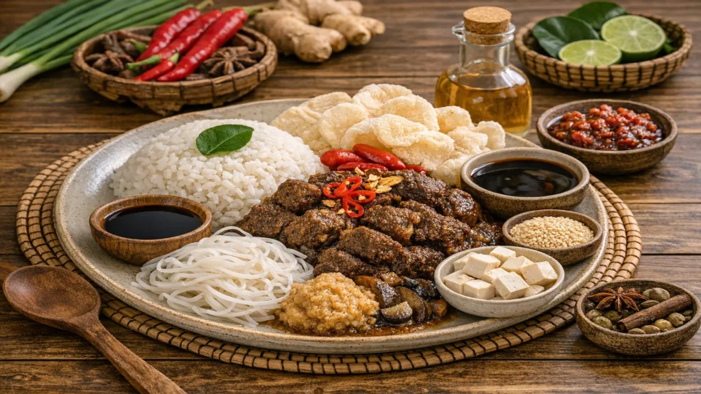 Verschiedene glutenfreie asiatische Zutaten wie Tamari, Reispapier und Reisnudeln auf einem Holztisch, 16:9 Format.