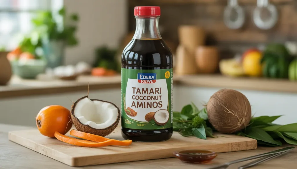 Vergleich von glutenfreien asiatischen Saucen wie Tamari und Coconut Aminos in einem deutschen Supermarktregal (Edeka/Rewe).