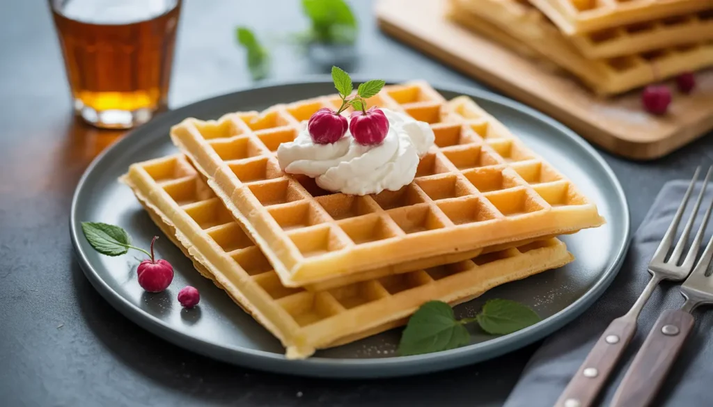 Knusprige glutenfreie Waffeln aus Reismehl, serviert auf einem minimalistischen Teller, Fokus auf die extrem krosse Oberfläche, heller Hintergrund, 16:9 Format.