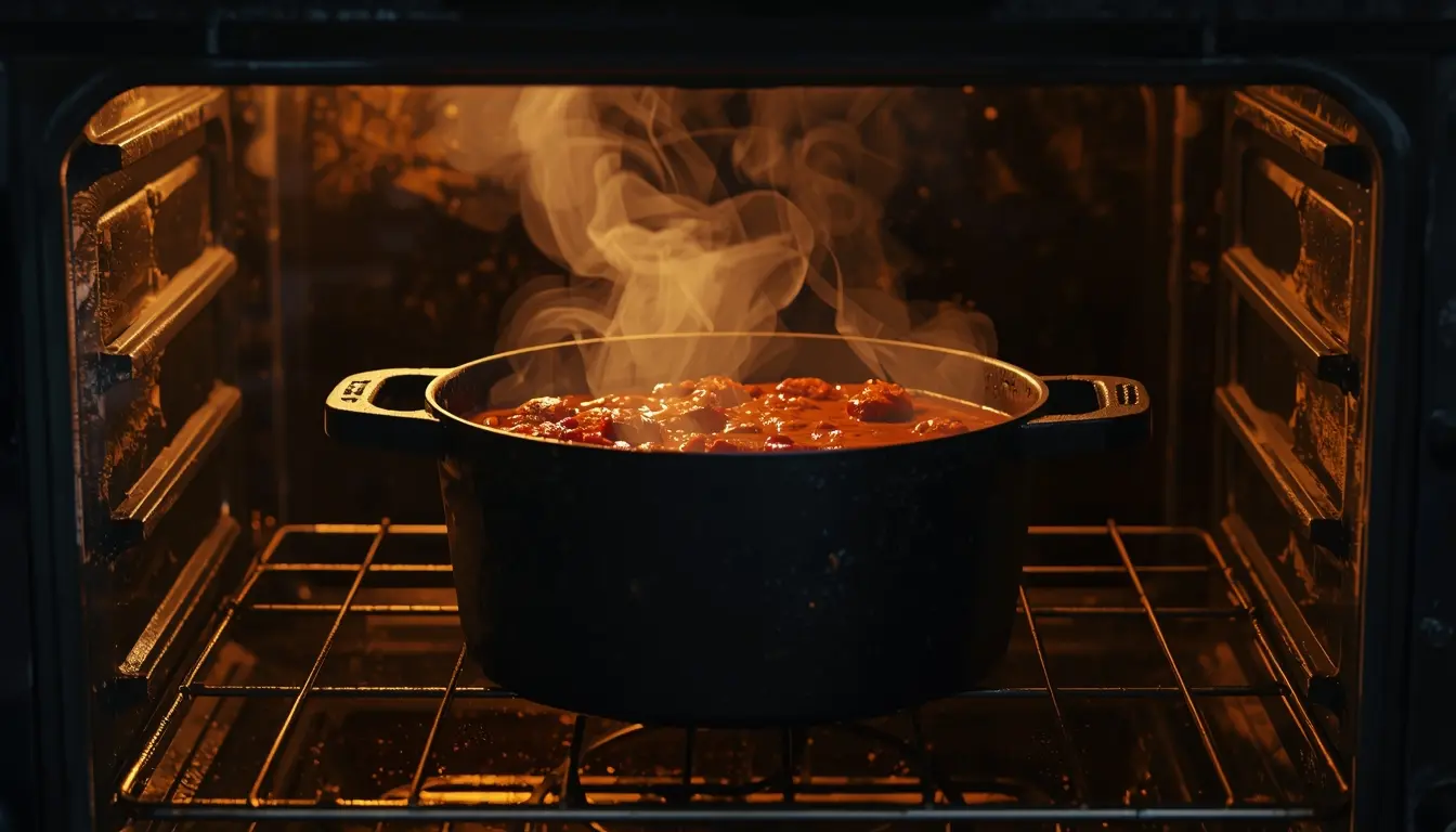 Dunkler Gusseisentopf mit Gulasch im Backofen, sanftes Schmoren bei niedriger Temperatur, butterweiches Rindfleisch, Gulasch im Ofen zubereiten, 1200 x 675 px.