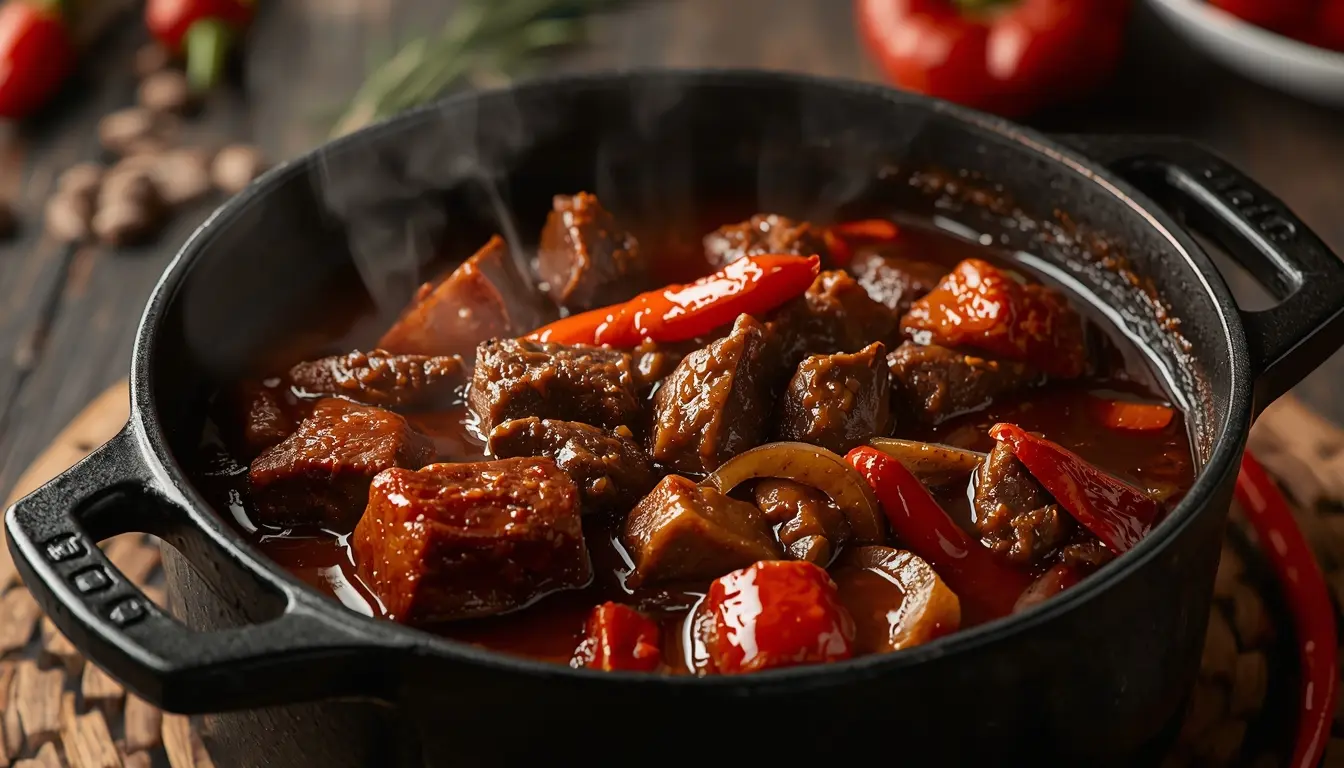 Ein großer Topf mit dampfendem Rindergulasch, zartes Fleisch in dunkler Soße, Lorbeerblätter und Paprika, rustikale Küche, 1200 x 675 px.