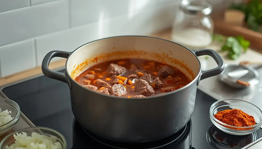 Einfaches Gulasch Rezept für Anfänger, Rindfleischwürfel und geschnittene Zwiebeln in einem Topf, Schritt-für-Schritt Anleitung, zartes Gulasch schnell kochen, 1200 x 675 px.
