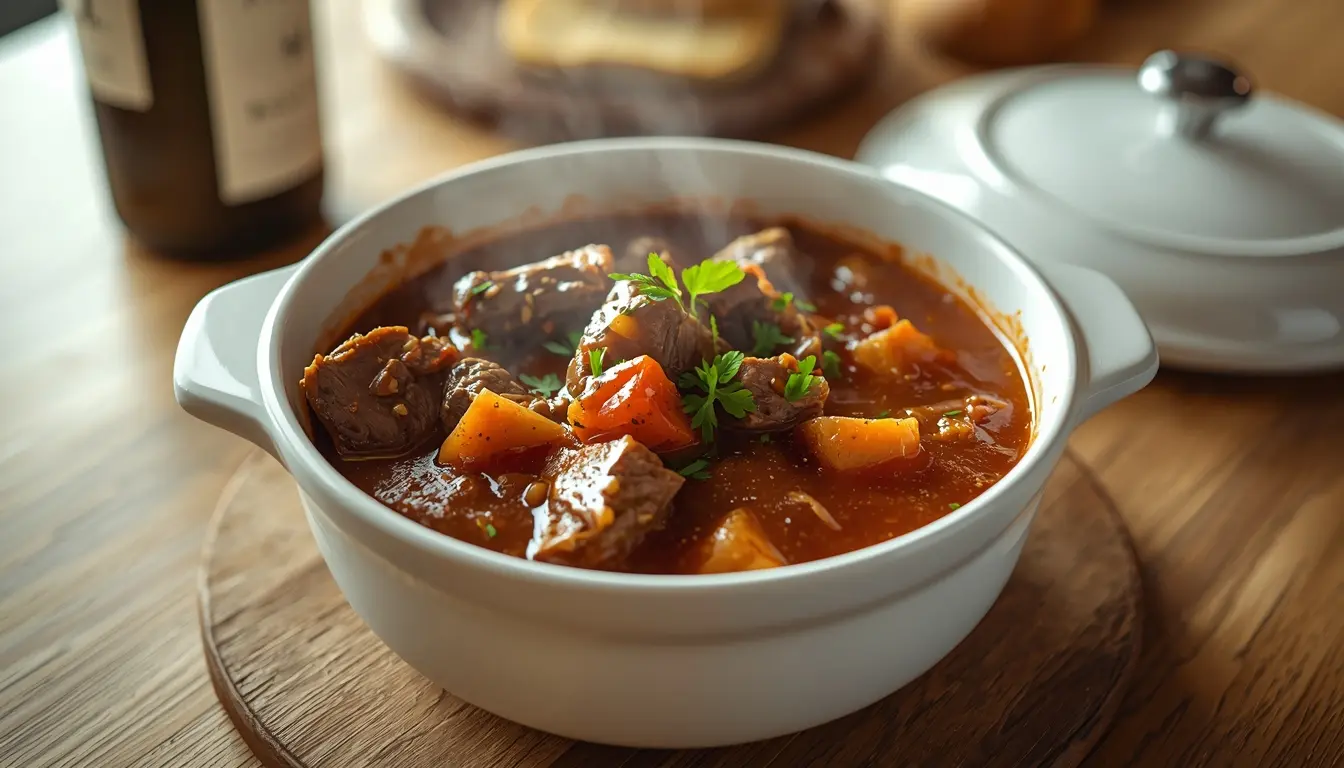 Saftiges Rindergulasch ohne Wein zubereitet, dunkle sämige Soße in einem weißen Keramiktopf, frische Petersilie, kinderfreundliches Rezept, 1200 x 675 px.