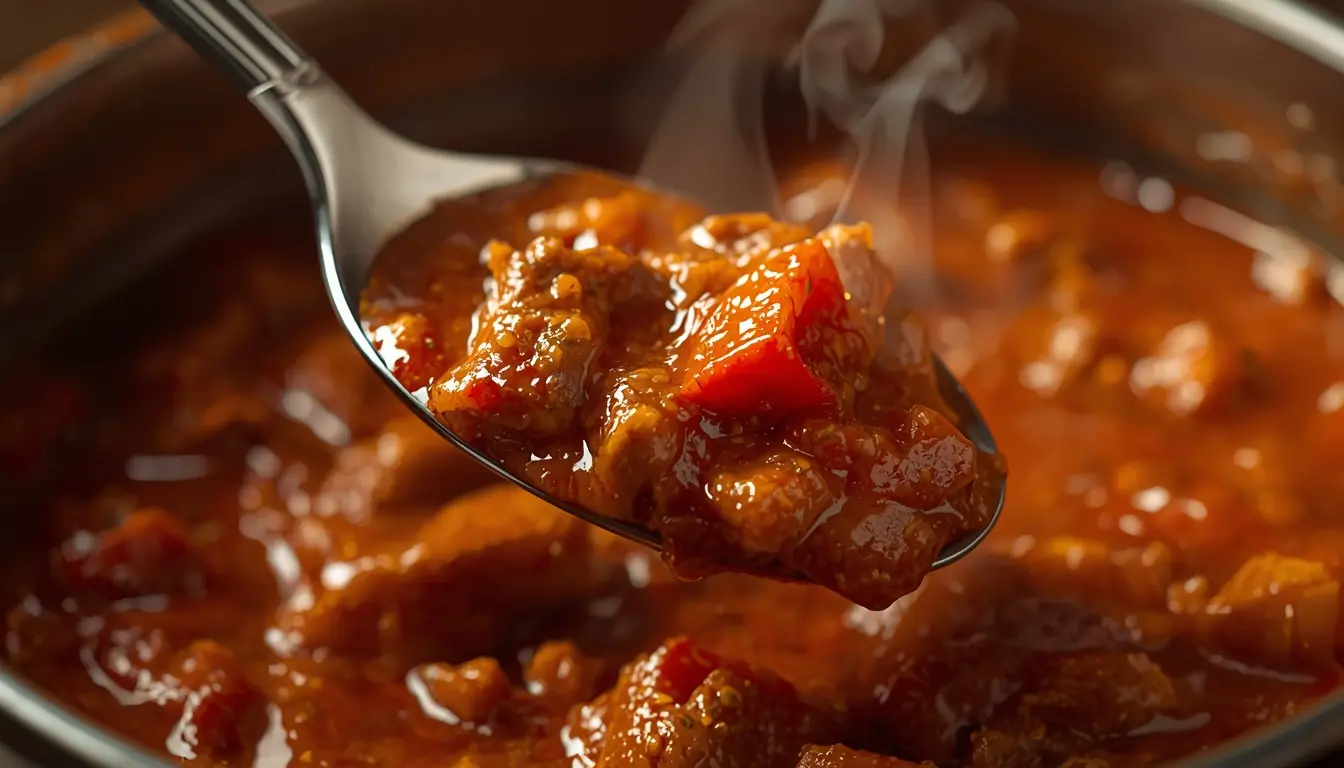 Dunkle, sämige Gulaschsoße mit viel Paprika und zartem Rindfleisch, Löffel hebt dicke Soße hoch, Gulasch Rezept Original wie bei Oma, 1200 x 675 px.