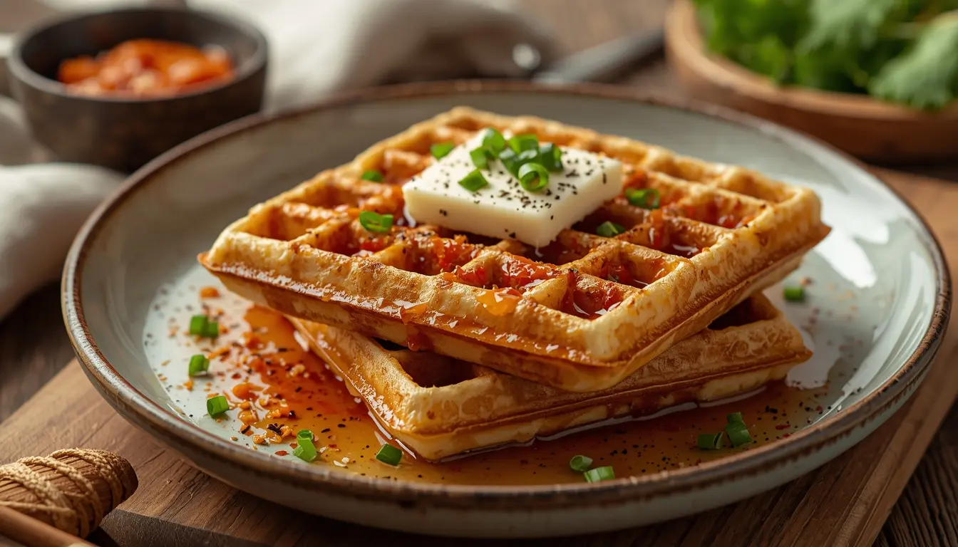 Herzhafte Waffeln mit eingebackenem Kimchi und geschmolzenem Käse, garniert mit Frühlingszwiebeln und schwarzem Sesam, knusprige Textur, rustikaler Berliner Abendbrot-Stil, 16:9 Format.
