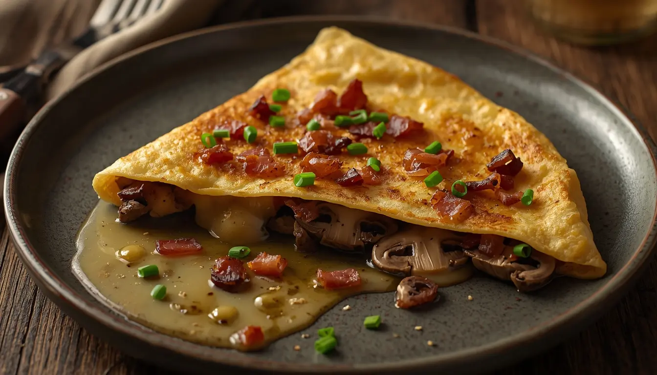 Herzhafter Pfannkuchen gefüllt mit Käse, Schinken und frischen Kräutern, goldbraun gebacken, auf einem dunklen Teller serviert, 1200 x 675 px.