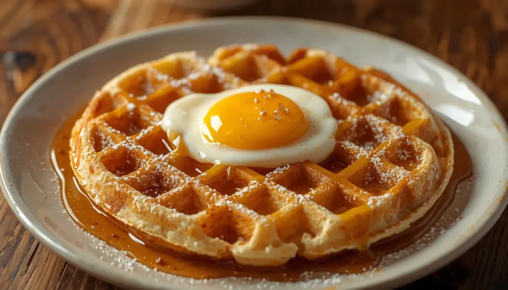 ultimative Waffel-Guide : Eine goldbraune Hongkong Egg Waffle in Tütenform gebogen, serviert mit Eiscreme und frischen Früchten, Street Food Stil, 1200 x 675 px.