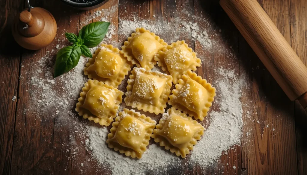 Hausgemachte italienische Ravioli auf einer bemehlten Arbeitsfläche, ein Nudelholz daneben, rustikaler italienischer Stil, 1200 x 675 px.