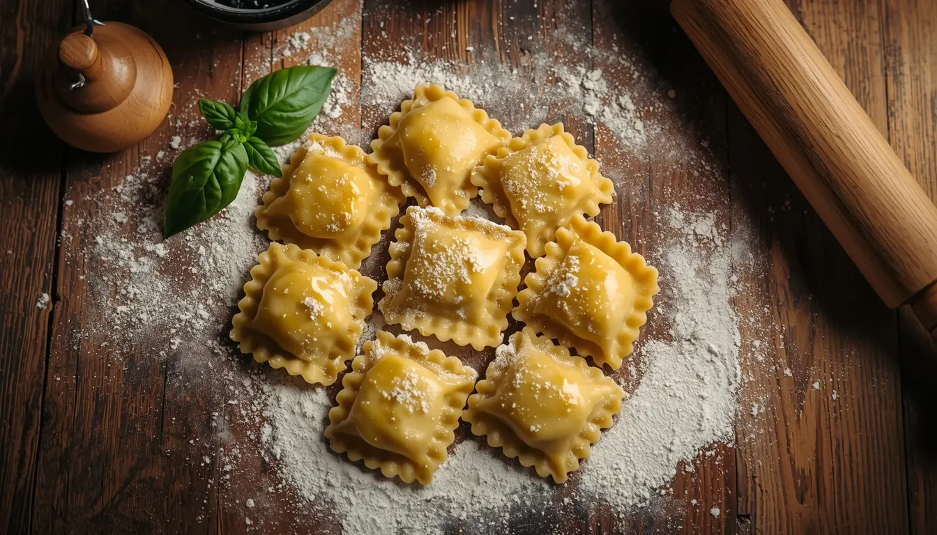 Hausgemachte italienische Ravioli auf einer bemehlten Arbeitsfläche, ein Nudelholz daneben, rustikaler italienischer Stil, 1200 x 675 px.