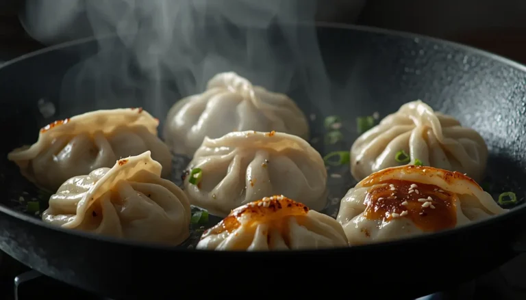 Gebratene japanische Gyoza in einer gusseisernen Pfanne, goldbraune knusprige Unterseite, mit Frühlingszwiebeln garniert, 1200 x 675 px.